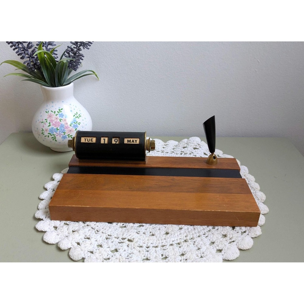 Vintage Perpetual Desk Calendar Walnut Wood | Mid Century Modern Office Desk
